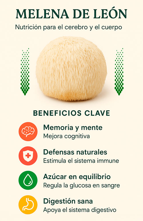 Infografía: beneficios de la melena de león para claridad mental, digestión y sistema nervioso