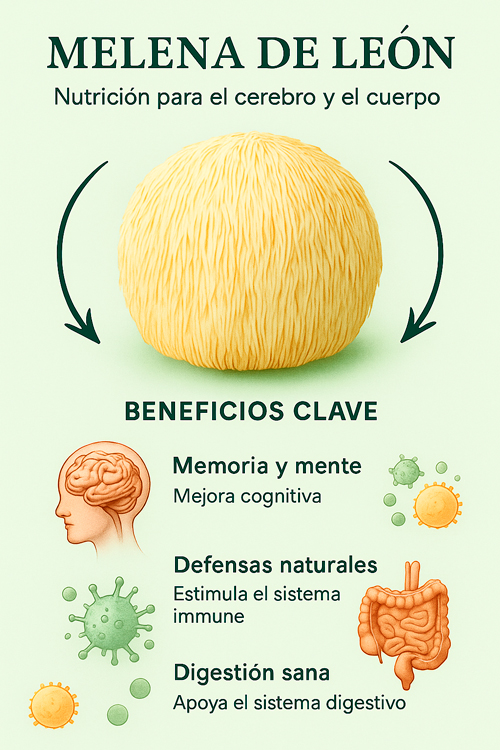 Infografía: beneficios de la melena de león para claridad mental, digestión y sistema nervioso