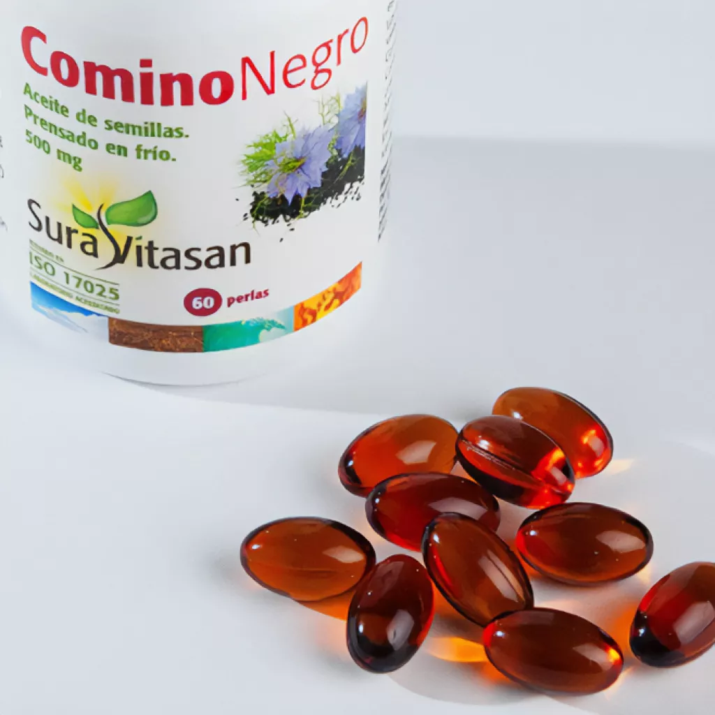 Envase de aceite de comino negro Nigella sativa Sura Vitasan