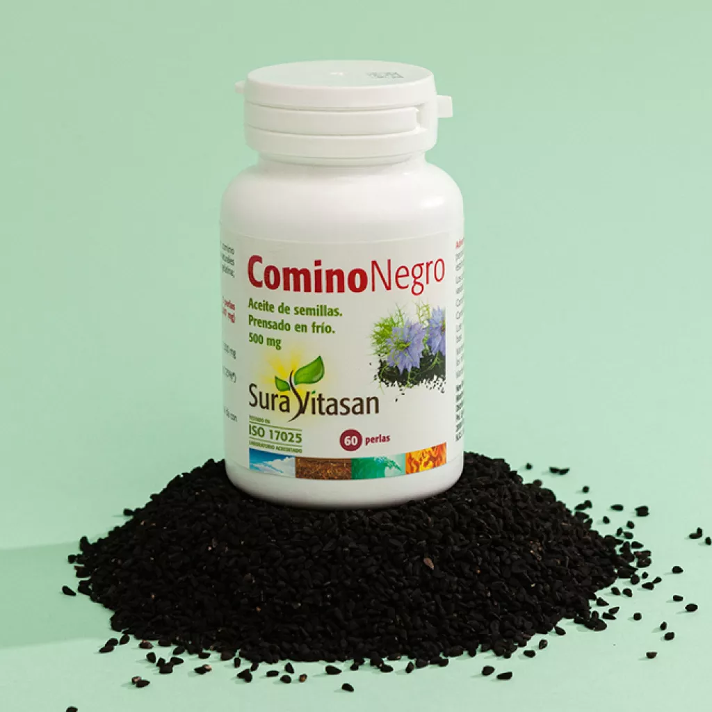 Envase de aceite de comino negro Nigella sativa Sura Vitasan