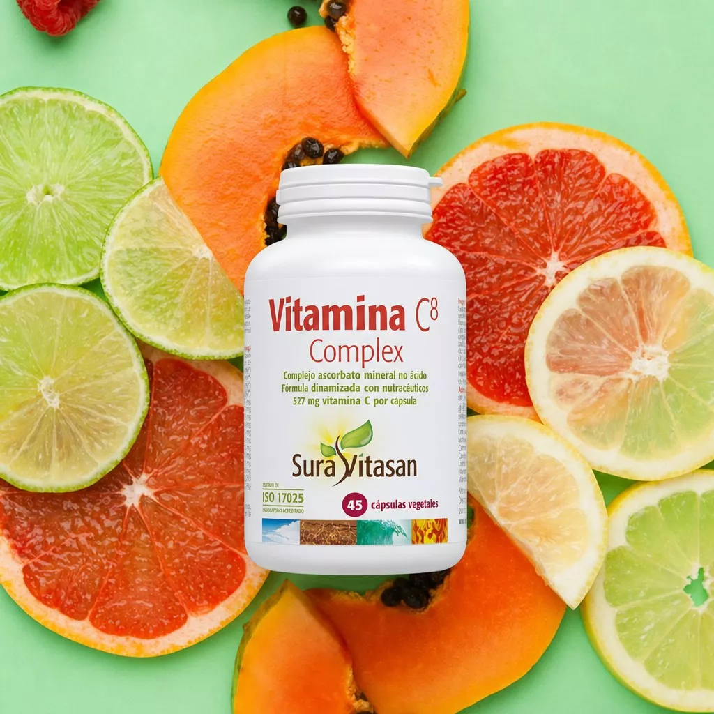 Envase de Vitamina C8 Complex 527 mg ocho formas de vitamina C Sura Vitasan