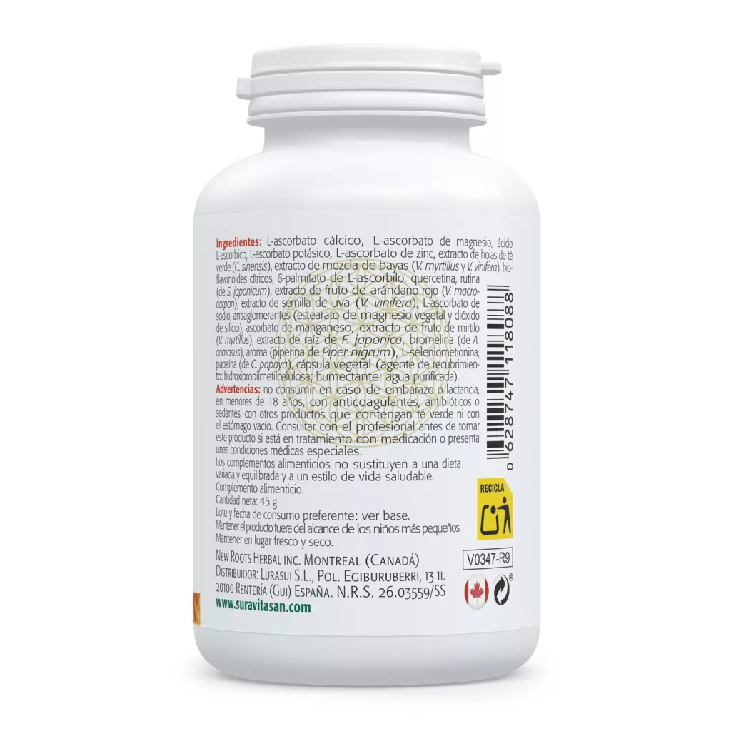 Envase de Vitamina C8 Complex 527 mg ocho formas de vitamina C Sura Vitasan
