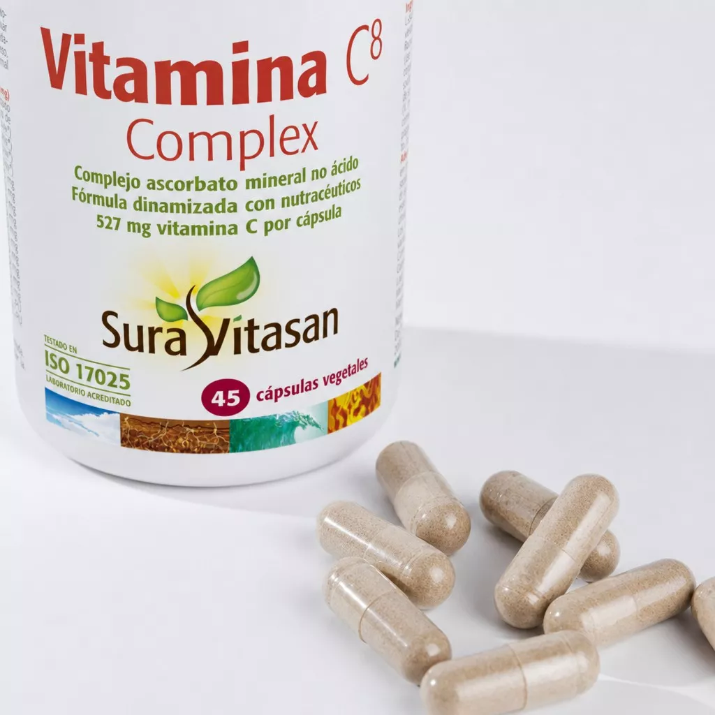 Envase de Vitamina C8 Complex 527 mg ocho formas de vitamina C Sura Vitasan