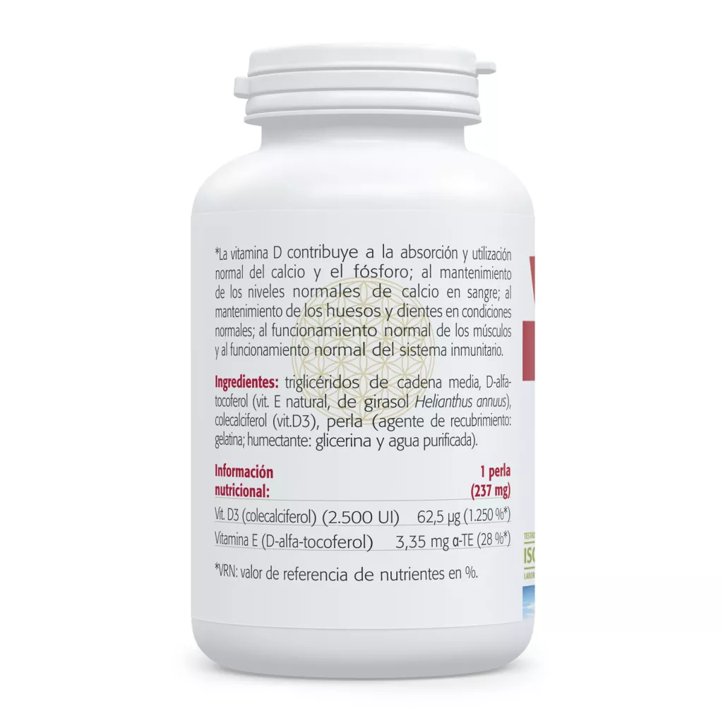 Envase y perlas de Vitamina D3 2.500 UI 62,5 μg Sura Vitasan